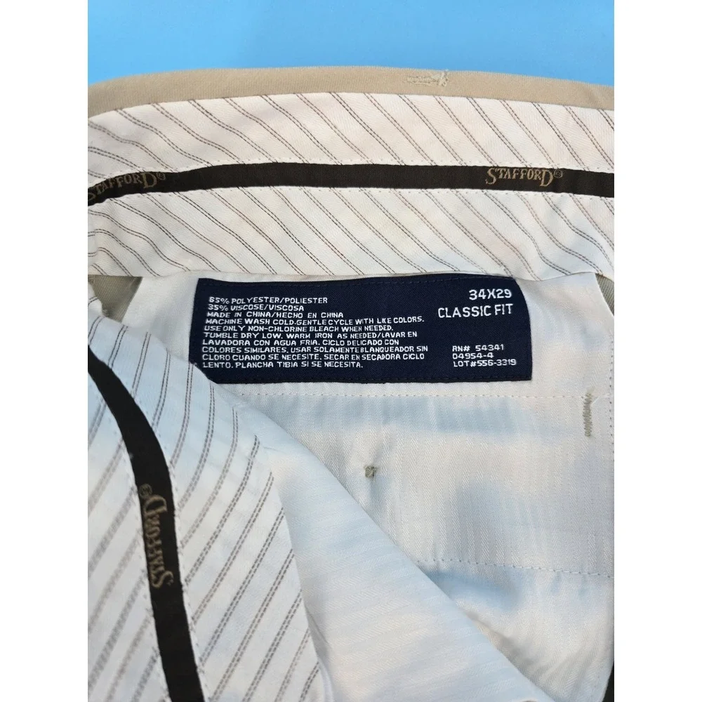 Stafford Dress Pants Men 34X29 Beige Classic‎ Flat Front Comfort Office Church